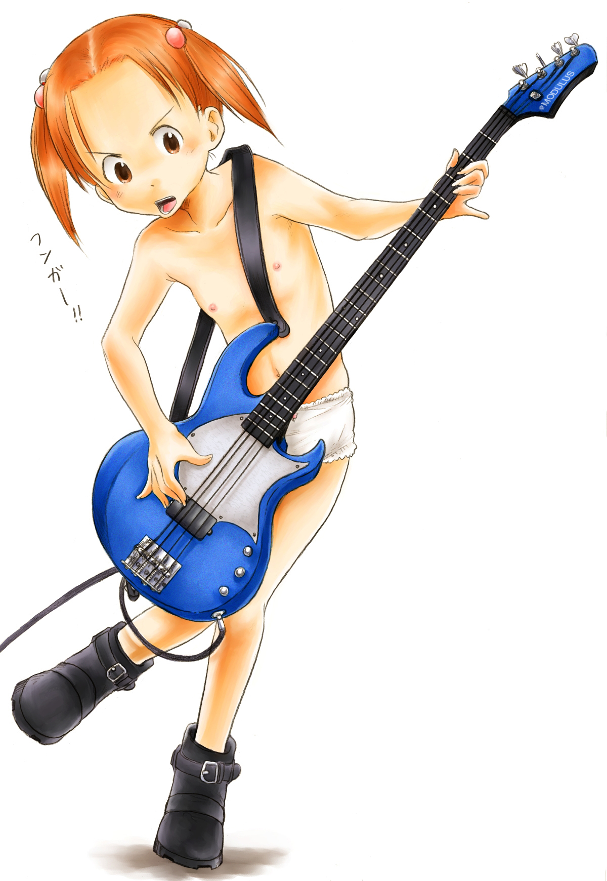 fukushima nyuugyou inc, srungle, matsuoka miu, ichigo mashimaro, bad id, bad pixiv id, highres, 1girl, boots, electric guitar, female focus, flat chest, guitar, instrument, loli, nipples, panties, pinky out, solo, topless female, twintails, underwear