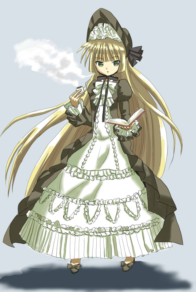 hyakuen raitaa, victorica de blois, gosick, bad id, bad pixiv id, blonde hair, book, gothic lolita, green eyes, holding, holding smoking pipe, lolita fashion, smoking, smoking pipe, solo