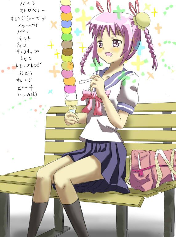 hyakuen raitaa, original, bad id, bad pixiv id, translated, bench, braid, food, ice cream, school uniform, serafuku, solo, twin braids