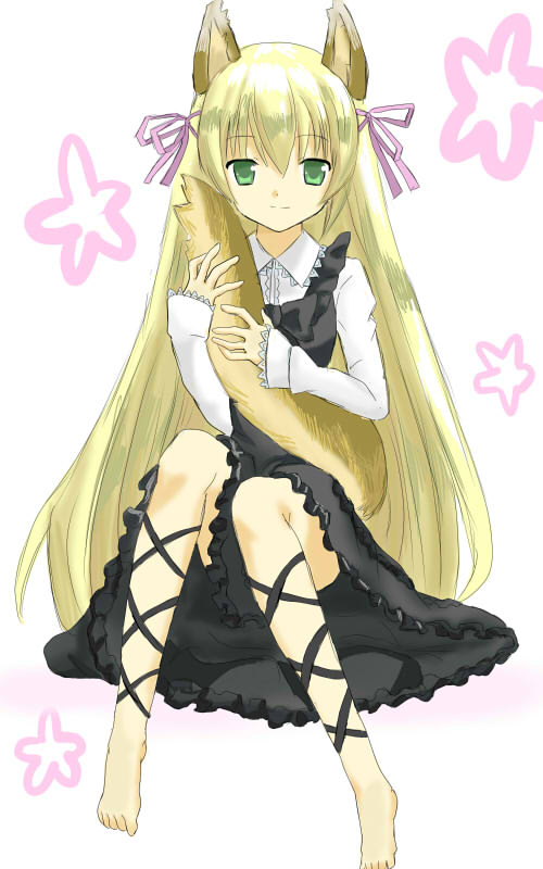 hyakuen raitaa, original, bad id, bad pixiv id, animal ears, barefoot, blonde hair, hugging own tail, hugging tail, solo, tail