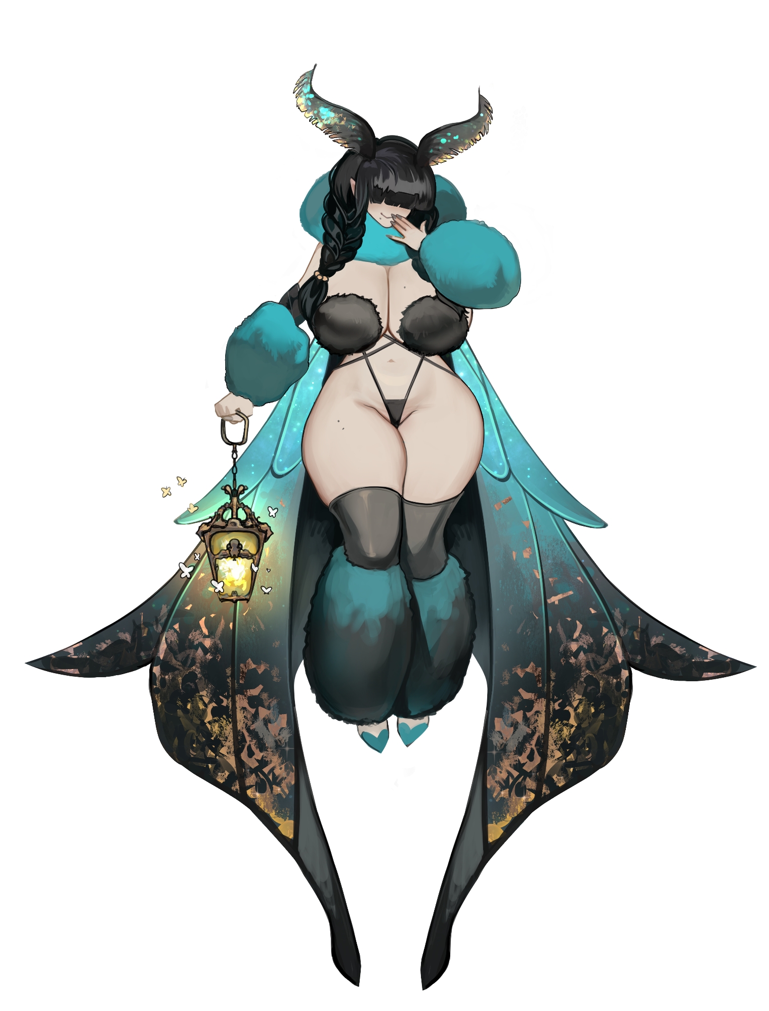original, highres, 1girl, arthropod girl, bikini, black hair, black socks, boots, braid, breasts, bug, cleavage, closed mouth, full body, fur boots, fur bra, fur shawl, fur sleeves, groin, hair over eyes, highleg, highleg bikini, holding, holding lantern, huge breasts, insect, insect girl, insect wings, lantern, looking at viewer, medium hair, mole, mole on breast, mole on thigh, moth, moth antennae, moth girl, moth wings, navel, shawl, simple background, skywatcher887, smile, socks, solo, stomach, swimsuit, white background, wide hips, wings