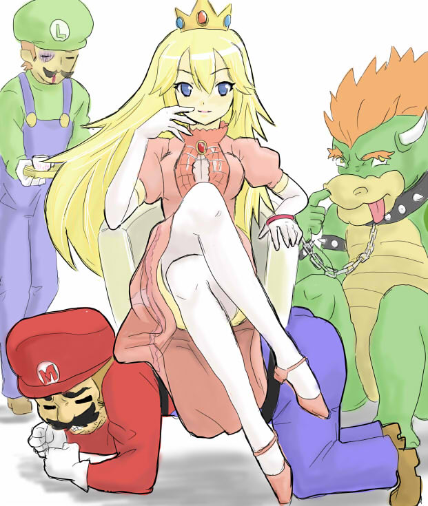 hyakuen raitaa, bowser, koopa, luigi, mario, princess peach, mario (series), nintendo, bad id, bad pixiv id, jpeg artifacts, 1girl, 3boys, bdsm, blonde hair, blue eyes, collar, crossed legs, crown, elbow gloves, femdom, gloves, human chair, human furniture, leash, legs, long hair, looking at viewer, multiple boys, role reversal, sitting, sitting on person, spiked collar, spikes, thighhighs, tongue, tongue out