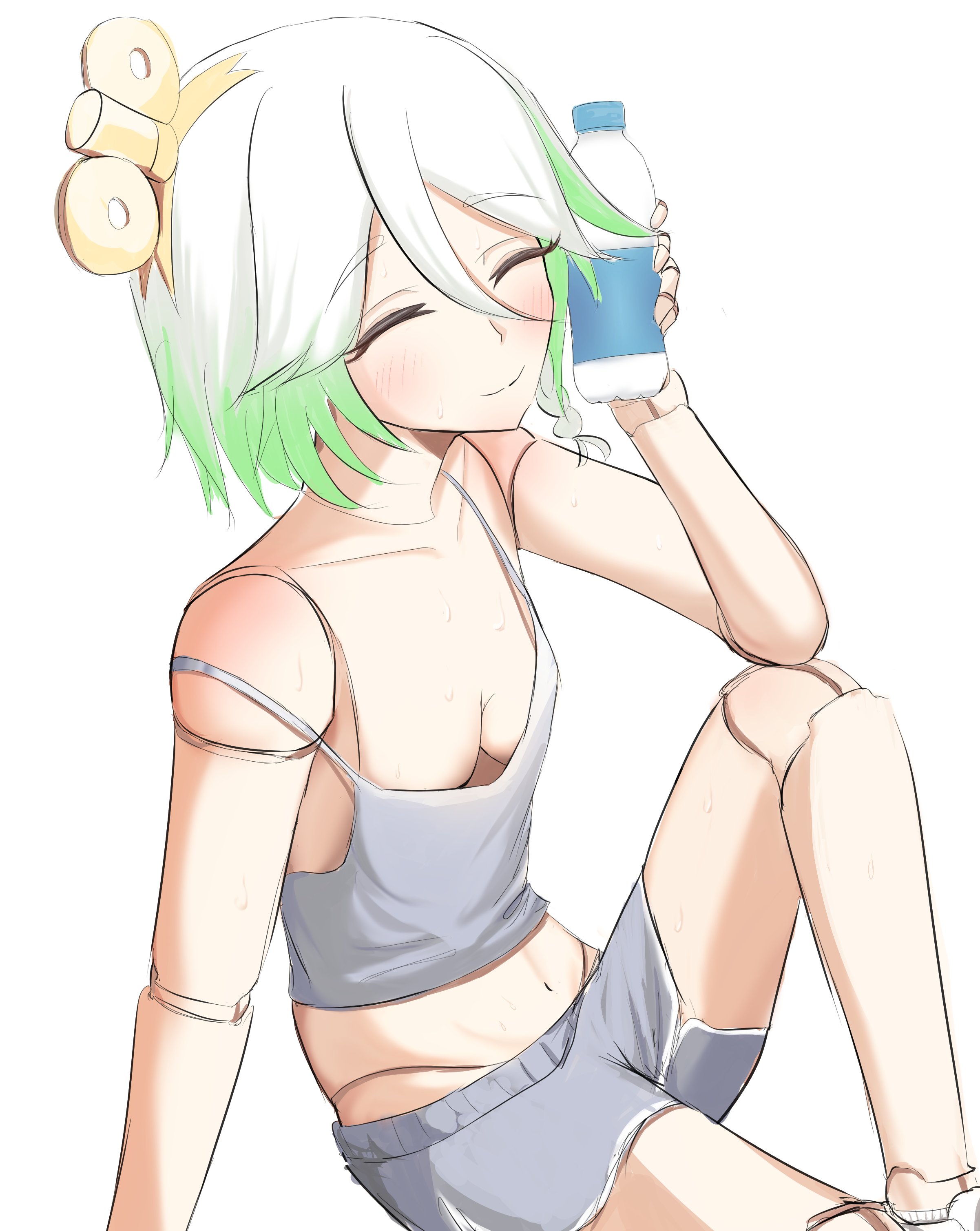 cecilia immergreen, hololive, hololive english, absurdres, commentary, english commentary, highres, 1girl, bardfn, bottle, bottle to cheek, breasts, camisole, closed eyes, closed mouth, doll joints, green hair, grey camisole, grey shorts, hair between eyes, holding, holding bottle, joints, knee up, meme, navel, shorts, simple background, small breasts, solo, virtual youtuber, which holomem looks best in these? (meme), white background, white hair
