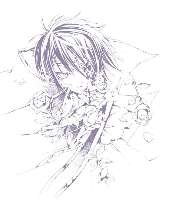 lelouch vi britannia, code geass, 00s, 1boy, eyepatch, flower, male focus, monochrome, purple theme, rose, solo
