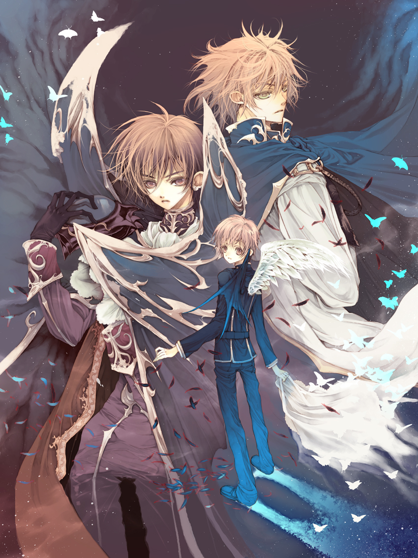 ooki bonta, kururugi suzaku, lelouch vi britannia, rolo lamperouge, code geass, 00s, 1girl, 2boys, angel wings, brown eyes, brown hair, bug, butterfly, cape, demon wings, gloves, green eyes, helmet, multiple boys, purple eyes, wings