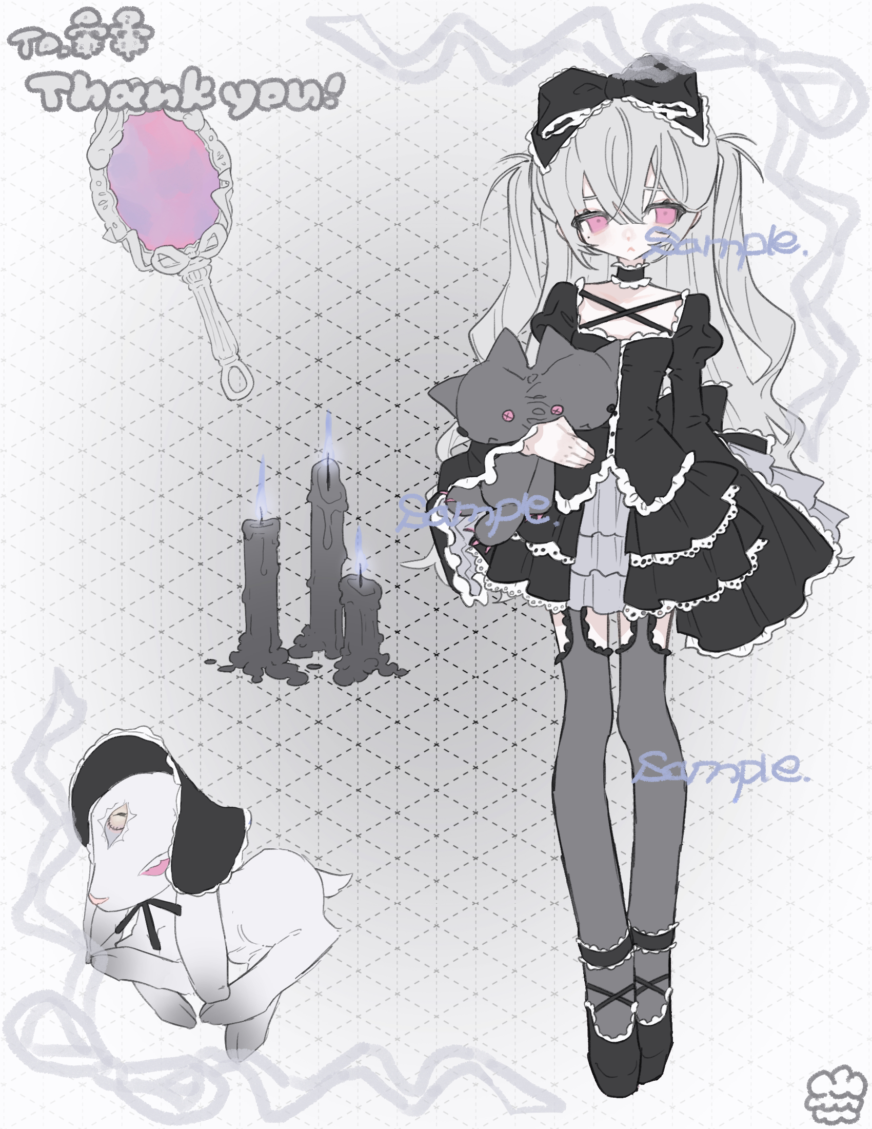 am314, original, highres, 1girl, black bow, black dress, black shoes, bow, candle, dress, full body, grey hair, grey thighhighs, hair bow, hand mirror, long hair, long sleeves, looking at viewer, mirror, pink eyes, sample watermark, shoes, short dress, solo, standing, thighhighs, twintails, watermark