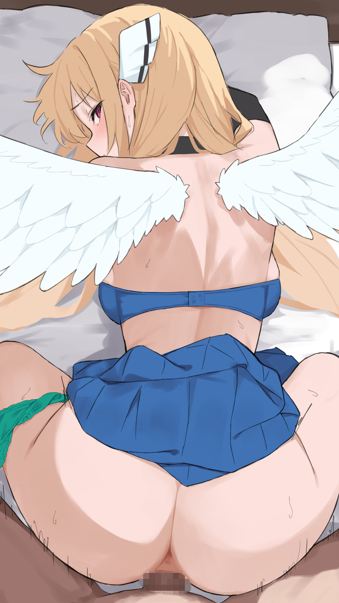 be9459, astraea (sora no otoshimono), sora no otoshimono, highres, 1boy, 1girl, anus, blonde hair, blue bra, blue skirt, blush, bra, censored, feathered wings, long hair, looking at viewer, on bed, panties, penis, pillow, purple eyes, sex, sex from behind, skirt, sweat, sweatdrop, underwear, vaginal, wings