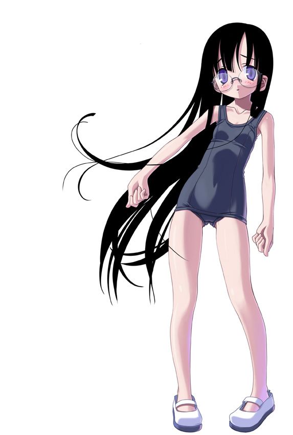 1girl, black hair, blue one-piece swimsuit, blush, breasts, collarbone, covered navel, female focus, glasses, long hair, looking at viewer, one-piece swimsuit, pigeon-toed, purple eyes, rimless eyewear, school swimsuit, shoes, simple background, small breasts, solo, standing, swimsuit, very long hair, white background, white shoes