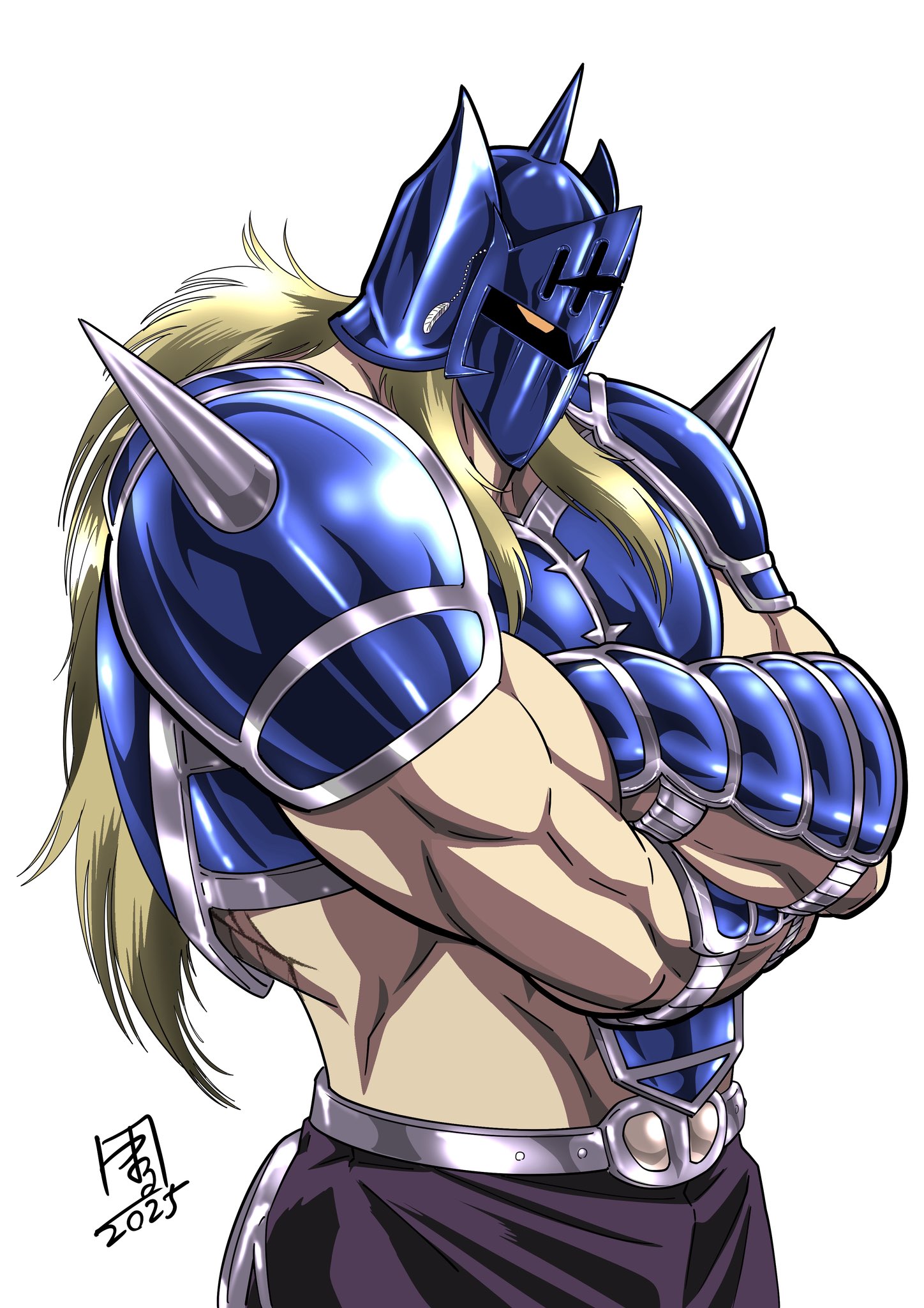 marufuji hirotaka, kevin mask, kinnikuman, kinnikuman nisei, hashtag-only commentary, highres, 1boy, arm guards, armor, belt, black pants, blonde hair, chest guard, cowboy shot, crossed arms, dated, helmet, long hair, male focus, metal belt, muscular, muscular male, pants, shoulder armor, shoulder spikes, signature, simple background, solo, spiked helmet, spikes, standing, visor (armor), white background, yellow eyes