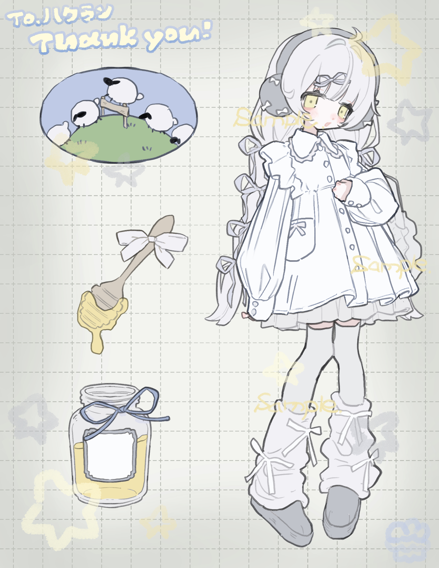 am314, original, commission, highres, skeb commission, 1girl, counting sheep, dress, full body, grey shoes, hair ribbon, hat, headphones, honey, honey dipper, leg warmers, long hair, long sleeves, looking at viewer, ribbon, sheep, shoes, short dress, solo, standing, thighhighs, white dress, white hat, white leg warmers, white thighhighs, yellow eyes