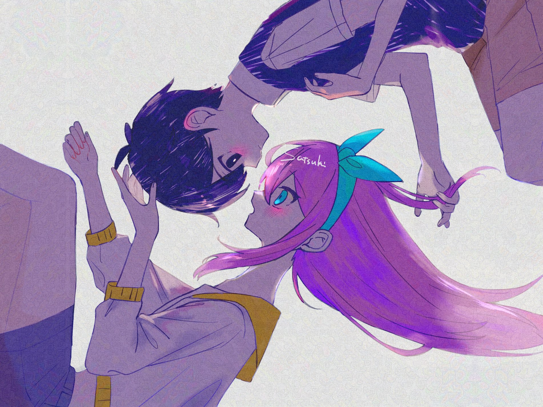 satsuki 1243, aubrey (faraway) (omori), aubrey (omori), sunny (omori), omori, adversarial noise, highres, 1boy, 1girl, antenna hair, aqua hairband, black eyes, black hair, black sweater vest, blue eyes, brown shorts, denim, denim skirt, film grain, hairband, hand on another's head, holding another's hair, jacket, long hair, looking at another, pink hair, rotational symmetry, short hair, shorts, signature, skirt, sweater vest, white background, white jacket