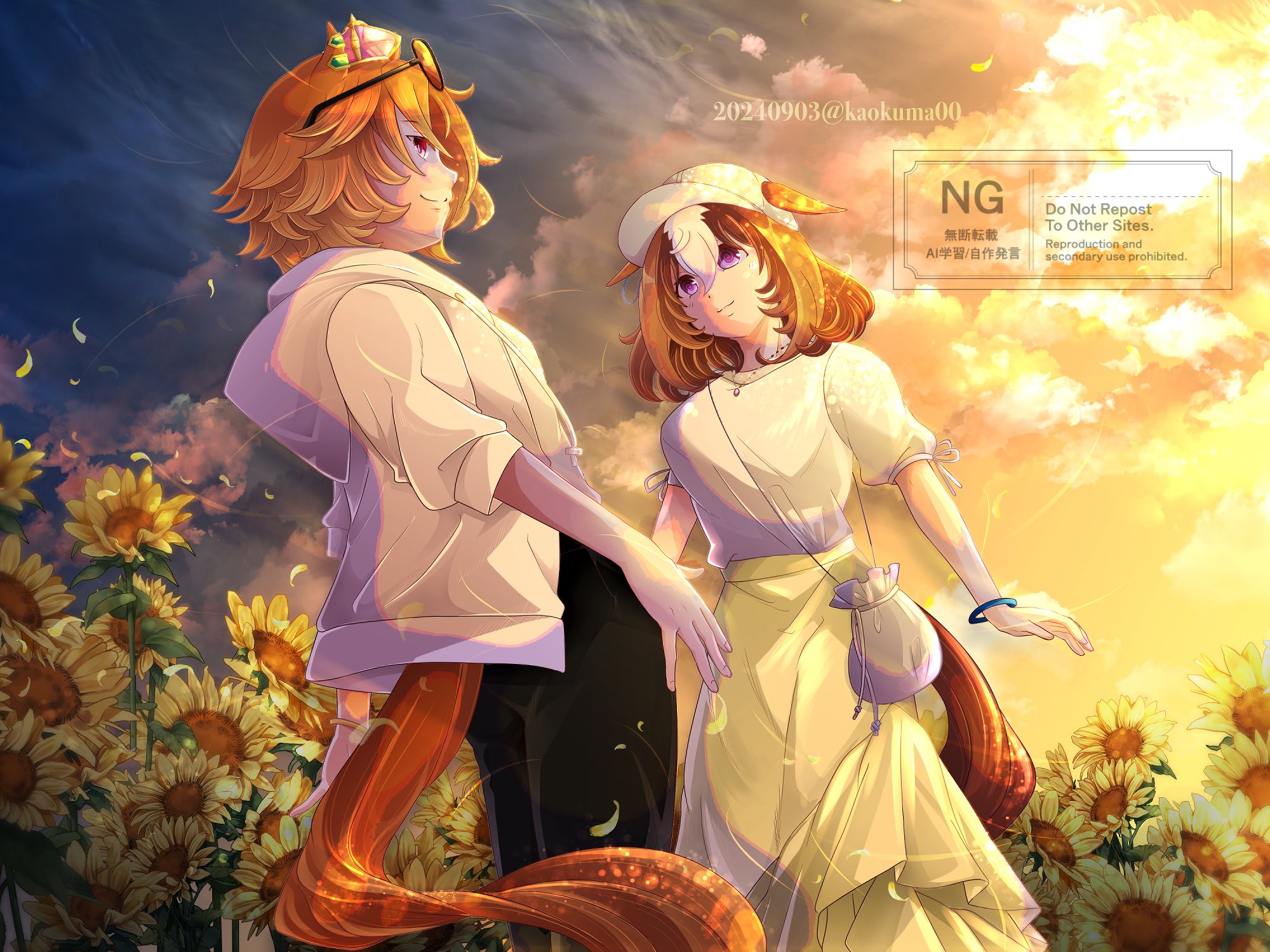 kaokuma, meisho doto (umamusume), t.m. opera o (umamusume), umamusume, highres, 2girls, alternate costume, animal ears, black pants, bracelet, breasts, brown hair, closed mouth, cloud, crown, ear piercing, ears through headwear, field, flower, flower field, hair between eyes, hat, horse ears, horse girl, horse tail, jacket, jewelry, large breasts, looking at another, medium hair, mini crown, multicolored hair, multiple girls, necklace, open clothes, open jacket, orange hair, orange tail, outdoors, pants, piercing, pink crown, pouch, purple eyes, shirt, short hair, short sleeves, skirt, sky, smile, sunflower, sunflower field, tail, two-tone hair, white hair, white jacket, white shirt