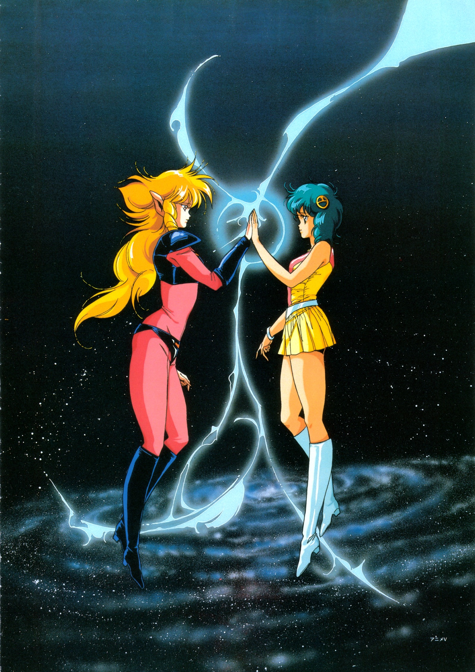 hirano toshihiro, iczer-1, kanou nagisa, iczer (series), tatakae!! iczer-1, 1980s (style), highres, official art, 2girls, blonde hair, blue hair, bodysuit, boots, bracelet, drill hair, energy, hair ornament, hairclip, jewelry, kanå nagisa, knee boots, long hair, multiple girls, pointy ears, retro artstyle, short hair, space