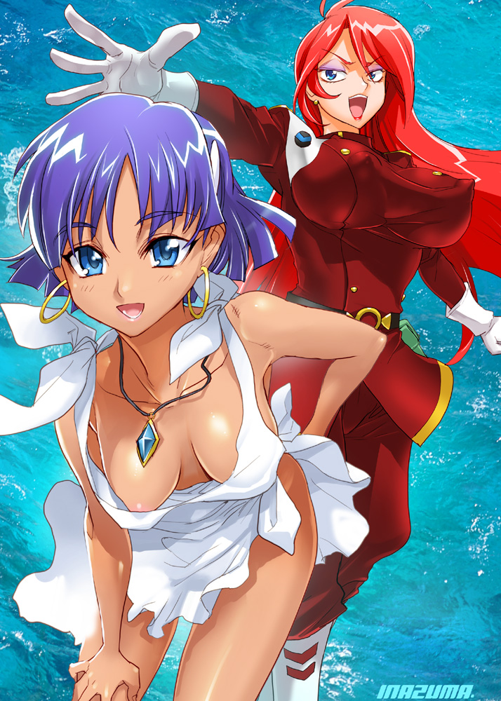 satou shouji, grandis granva, nadia la arwall, fushigi no umi no nadia, hand on leg, 1990s (style), 2girls, apron, areola slip, blue eyes, breasts, cleavage, covered erect nipples, downblouse, earrings, gloves, hanging breasts, hoop earrings, impossible clothes, jewelry, leaning forward, long hair, makeup, multiple girls, naked apron, necklace, no bra, open mouth, purple hair, red hair, retro artstyle, short hair, smile, white gloves