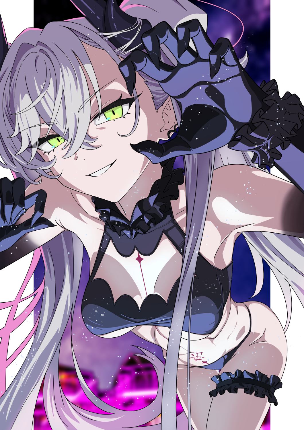 19 chisinlo, lilith (fate), lilith (stormy night) (fate), fate/grand order, fate (series), highres, 1girl, bare shoulders, bikini, black bikini, black hands, body markings, breasts, cleavage, colored extremities, crossed bangs, demon girl, demon horns, frilled thigh strap, green eyes, grey hair, grin, hair between eyes, horns, leaning forward, long hair, looking at viewer, medium breasts, navel, pointy ears, smile, solo, stomach tattoo, swimsuit, tattoo, thigh strap, thighs, twintails, very long hair, wrist cuffs