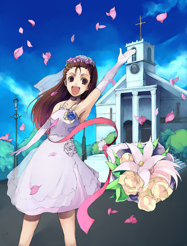 pos (shiratama-ya), minase iori, idolmaster, idolmaster (classic), bad id, bad pixiv id, 00s, bouquet, dress, flower, solo, wedding dress