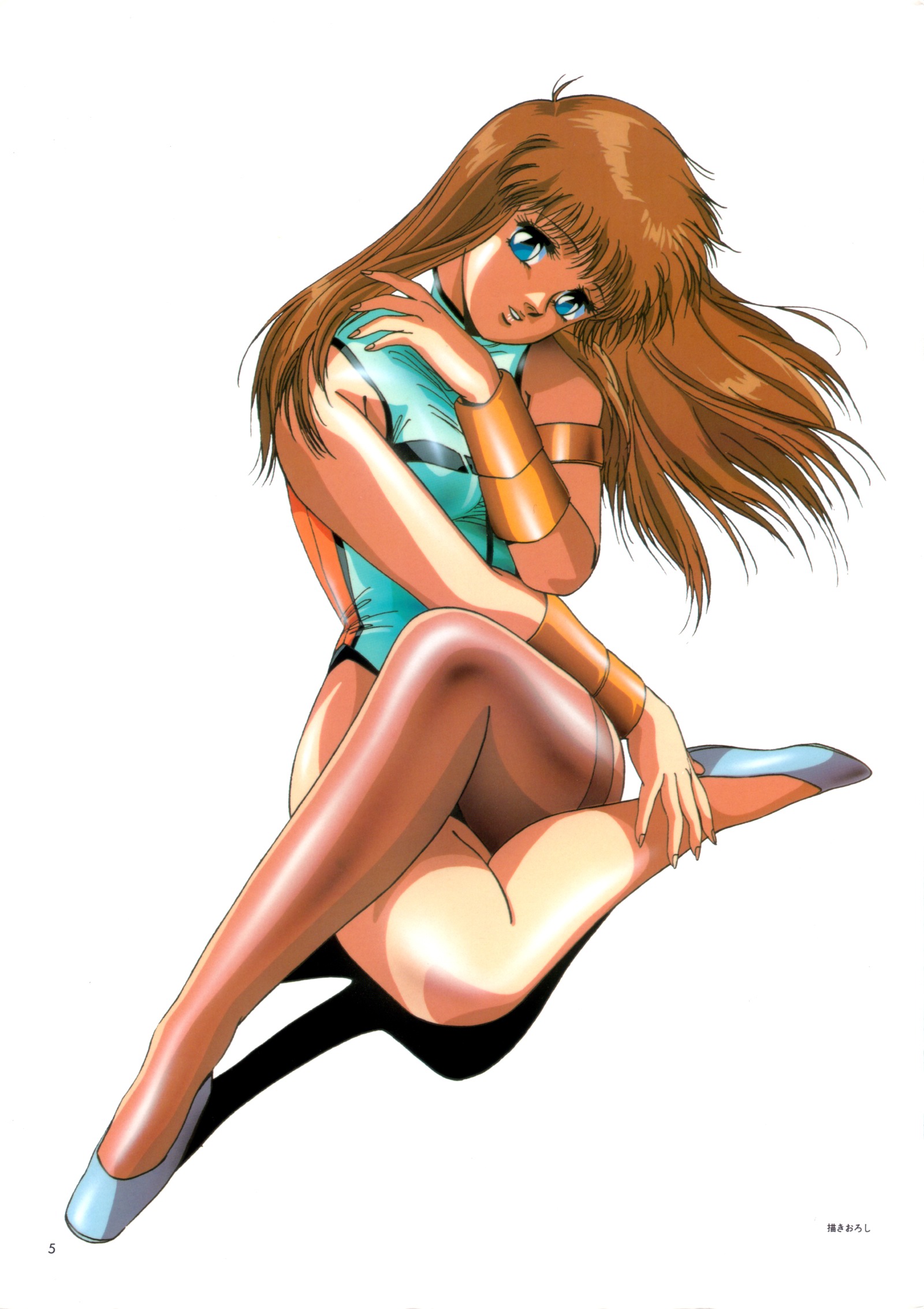 hirano toshihiro, mia alice, dangaiou, 1980s (style), highres, scan, 1girl, armlet, blue eyes, bodysuit, bracer, brown hair, brown thighhighs, crossed legs, female focus, fingernails, full body, head tilt, highleg, highleg leotard, jewelry, legs, leotard, long fingernails, long hair, nail (hardware), oldschool, pantyhose, retro artstyle, shiny clothes, shoes, simple background, sitting, smile, solo, thighhighs, turtleneck, vambraces