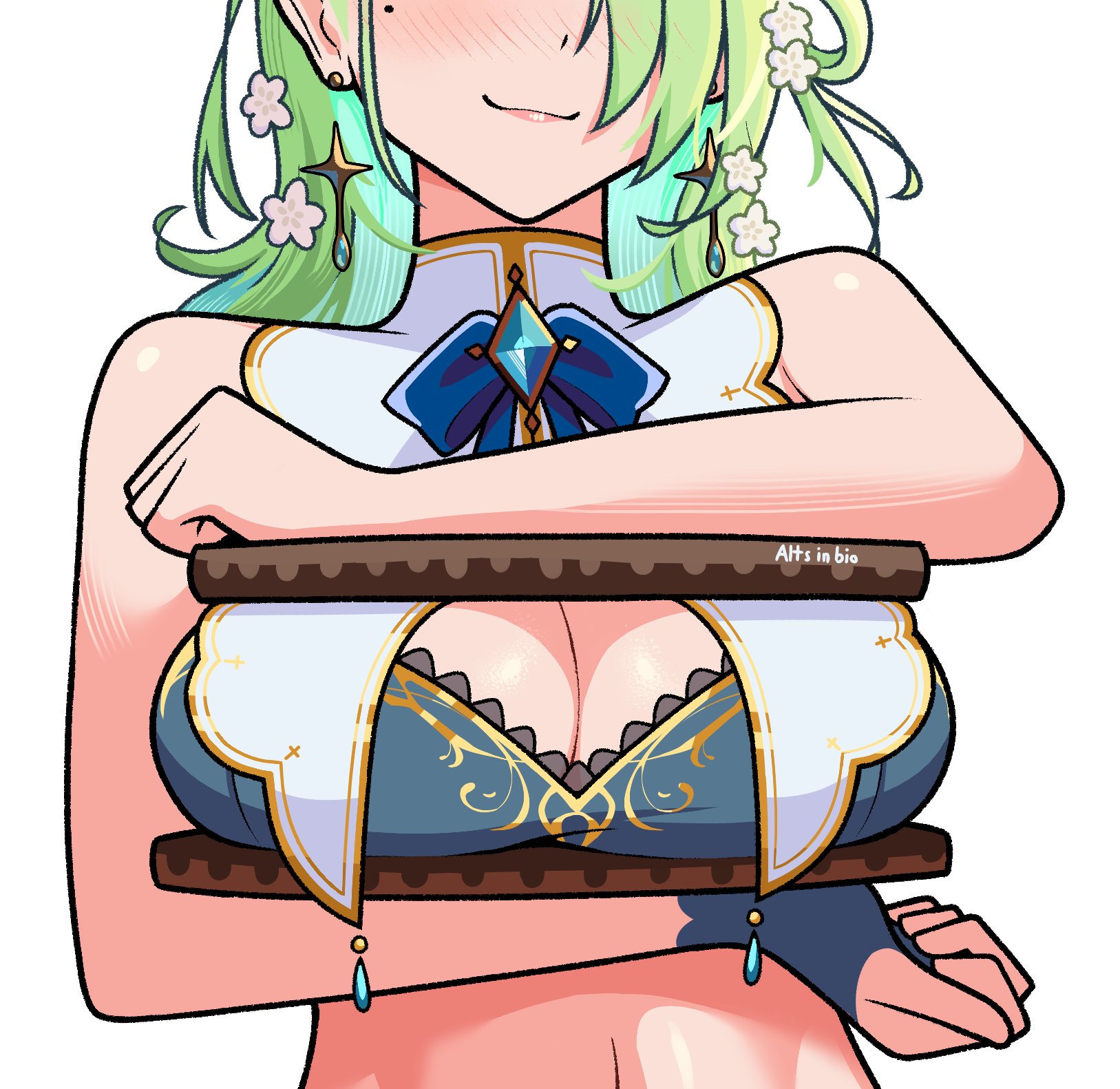 ginotty, ceres fauna, ceres fauna (1st costume), hololive, hololive english, highres, 1girl, blue bow, blue gemstone, blush, bow, breasts, cleavage, earrings, fingerless gloves, floating earrings, flower, gem, gloves, green hair, hair flower, hair ornament, jewelry, large breasts, long hair, meme, mole, mole under eye, oreo, shioreos (meme), simple background, single fingerless glove, solo, virtual youtuber, white background