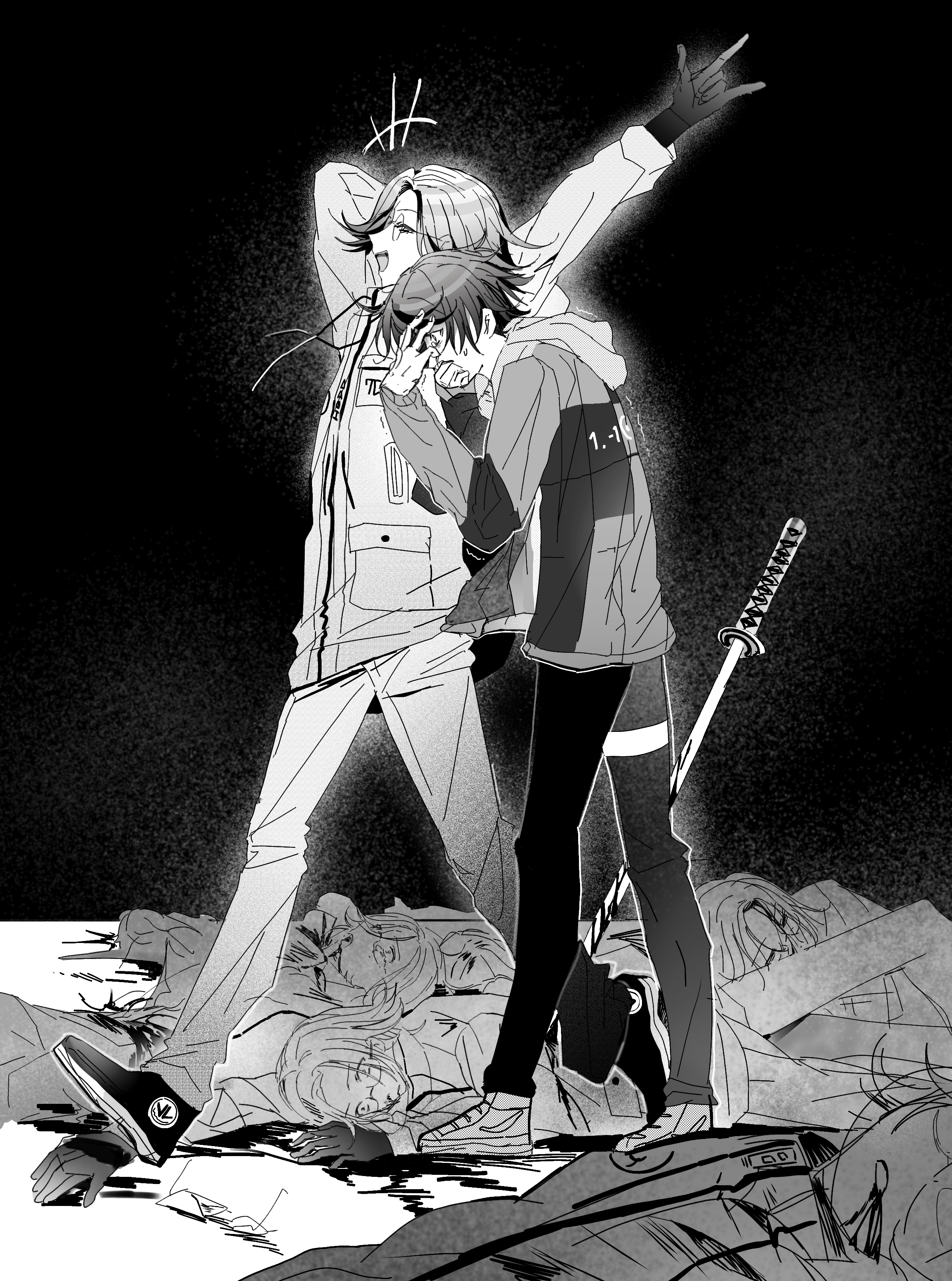aotsuki eito, sumino takumi, the hundred line -last defense academy-, absurdres, chinese commentary, commentary, highres, spoilers, 6+boys, :d, m/, ^ ^, blood, closed eyes, corpse, covering face, covering own mouth, glasses, gloves, greyscale, jacket, jacket over hoodie, male focus, monochrome, multicolored hair, multicolored jacket, multiple boys, nervous sweating, open mouth, short hair, smile, stab, streaked hair, stretching, sweat, sword, two-tone jacket, walking, weapon, wide-eyed, xinjinjumin697010541227