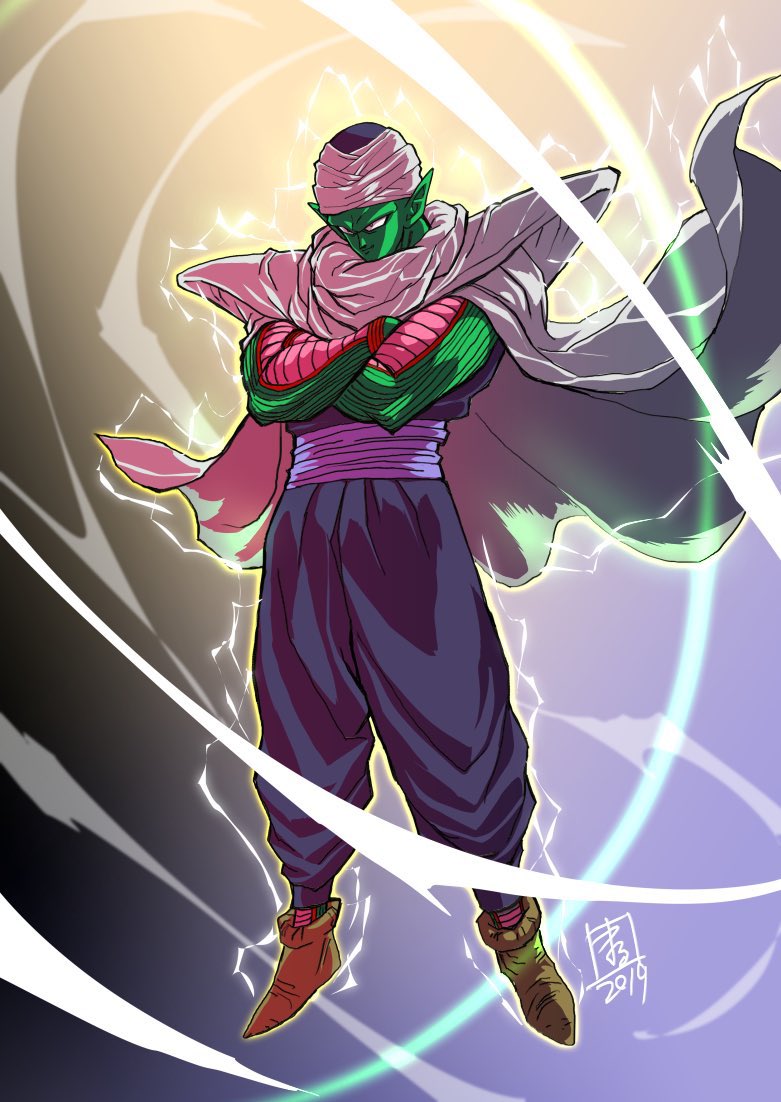 marufuji hirotaka, piccolo, dragon ball, pointy footwear, hashtag-only commentary, 1boy, aura, black eyes, black pants, black shirt, brown shoes, cape, closed mouth, colored skin, crossed arms, dated, floating, floating cape, full body, green skin, light smile, male focus, pants, pointy ears, sash, shirt, shoes, signature, solo, turban, white cape, white sash