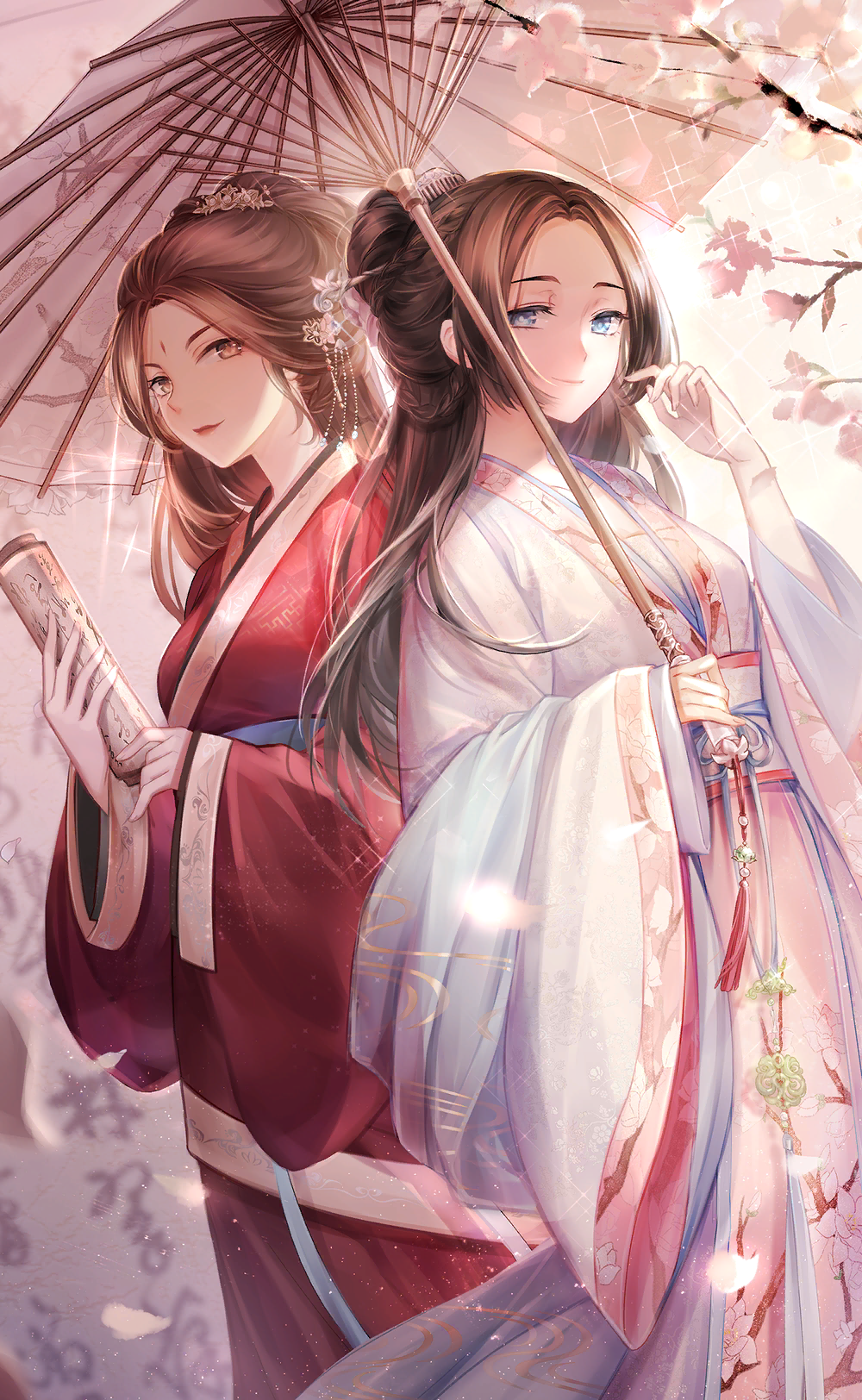 nikki (series), shining nikki, artist request, game cg, highres, official art, 2girls, back-to-back, black hair, blue eyes, blue ribbon, blue sash, blue shawl, branch, brown hair, cherry blossoms, chinese clothes, chinese hairpin, closed mouth, facial mark, falling petals, feet out of frame, flower, forehead, forehead mark, hair bun, hair flower, hair ornament, hand in own hair, hanfu, happy, holding, holding scroll, holding umbrella, japanese clothes, jiang xitong, kimono, light particles, lipstick, long hair, makeup, multiple girls, obi, oil-paper umbrella, outdoors, petals, pink flower, pink hanfu, qing yumo, red kimono, red lips, ribbon, robe, sash, scroll, shawl, single hair bun, sky, smile, sparkle, spring (season), striking beauty (shining nikki), sunset, transparent, transparent umbrella, tsurime, umbrella, waist ribbon, waist sash, white robe, white umbrella, yellow eyes, yellow sky