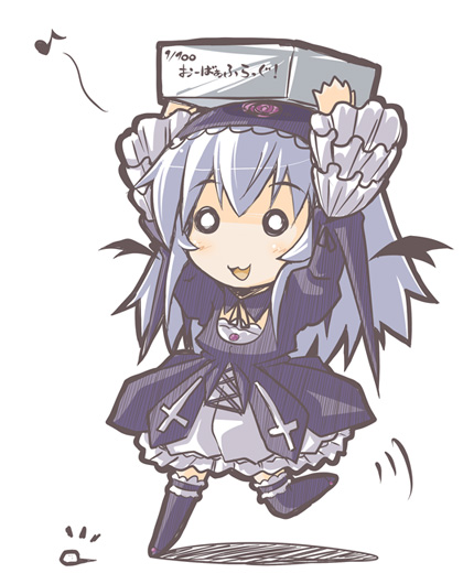 crazy developers, suigintou, rozen maiden, 00s, 1girl, :3, carrying, carrying overhead, chibi, female focus, o o, running, solo