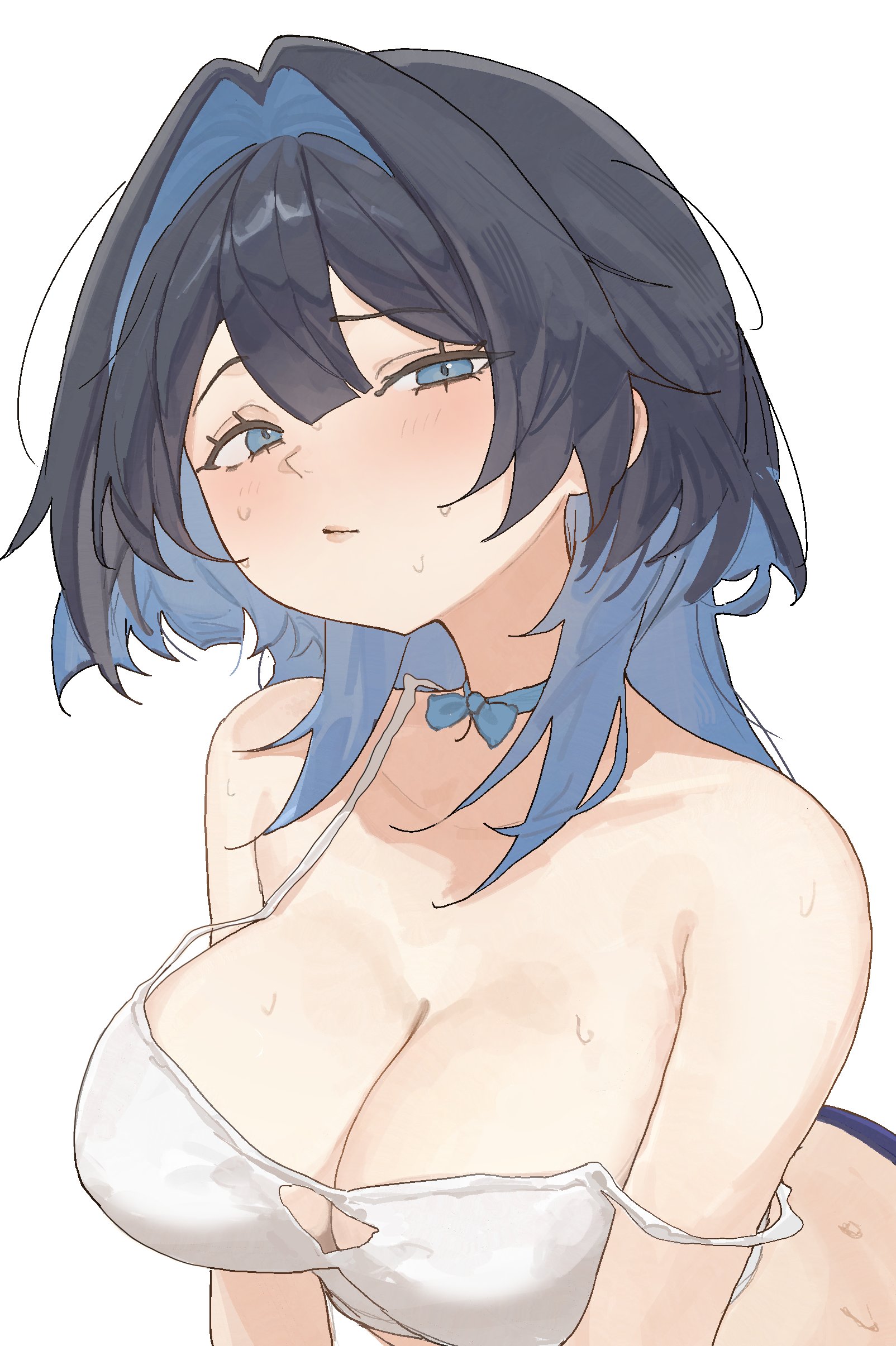 arch 05x, ouro kronii, hololive, hololive english, absurdres, highres, 1girl, alternate costume, black hair, blue choker, blue eyes, blue hair, blush, bow, bow choker, breasts, camisole, choker, hair intakes, large breasts, looking at viewer, simple background, solo, sweat, virtual youtuber, white background, white camisole