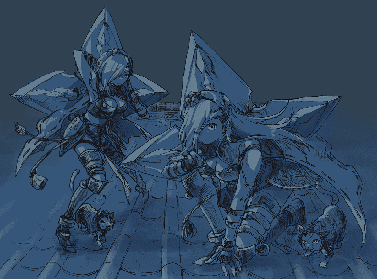 michibata 65, fuuma shuriken, another eden, commentary request, 2girls, animal, architecture, arm behind head, arm up, armor, armored boots, armpits, asymmetrical bangs, blue theme, boots, breasts, cape, cat, cleavage, clone, closed mouth, clothed animal, crop top, cropped shirt, east asian architecture, fingerless gloves, floating clothes, floating hair, flower, gloves, hair flower, hair ornament, hair over one eye, hand on ground, hand up, hatching (texture), headgear, japanese armor, kuji-in, kusazuri, linear hatching, long hair, looking at viewer, medium breasts, midriff, monochrome, multiple girls, ninja, on one knee, one eye covered, outdoors, rooftop, shirt, shuriken, sleeveless, sleeveless shirt, standing, standing on roof, tassel, thigh strap, tile roof, tsubame (another eden), weapon, weapon on back