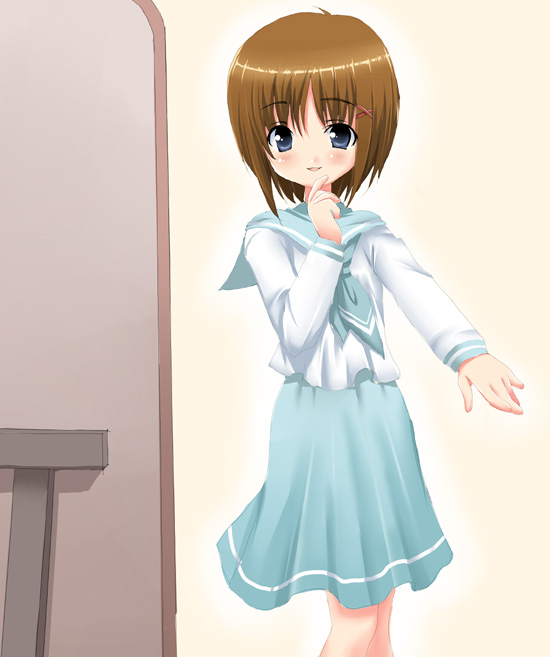 pikazo, original, eyebrows, 1girl, blue sailor collar, blue skirt, blush, breasts, brown hair, cowboy shot, female focus, green eyes, long sleeves, looking at viewer, sailor collar, school uniform, serafuku, short hair, skirt, solo, standing