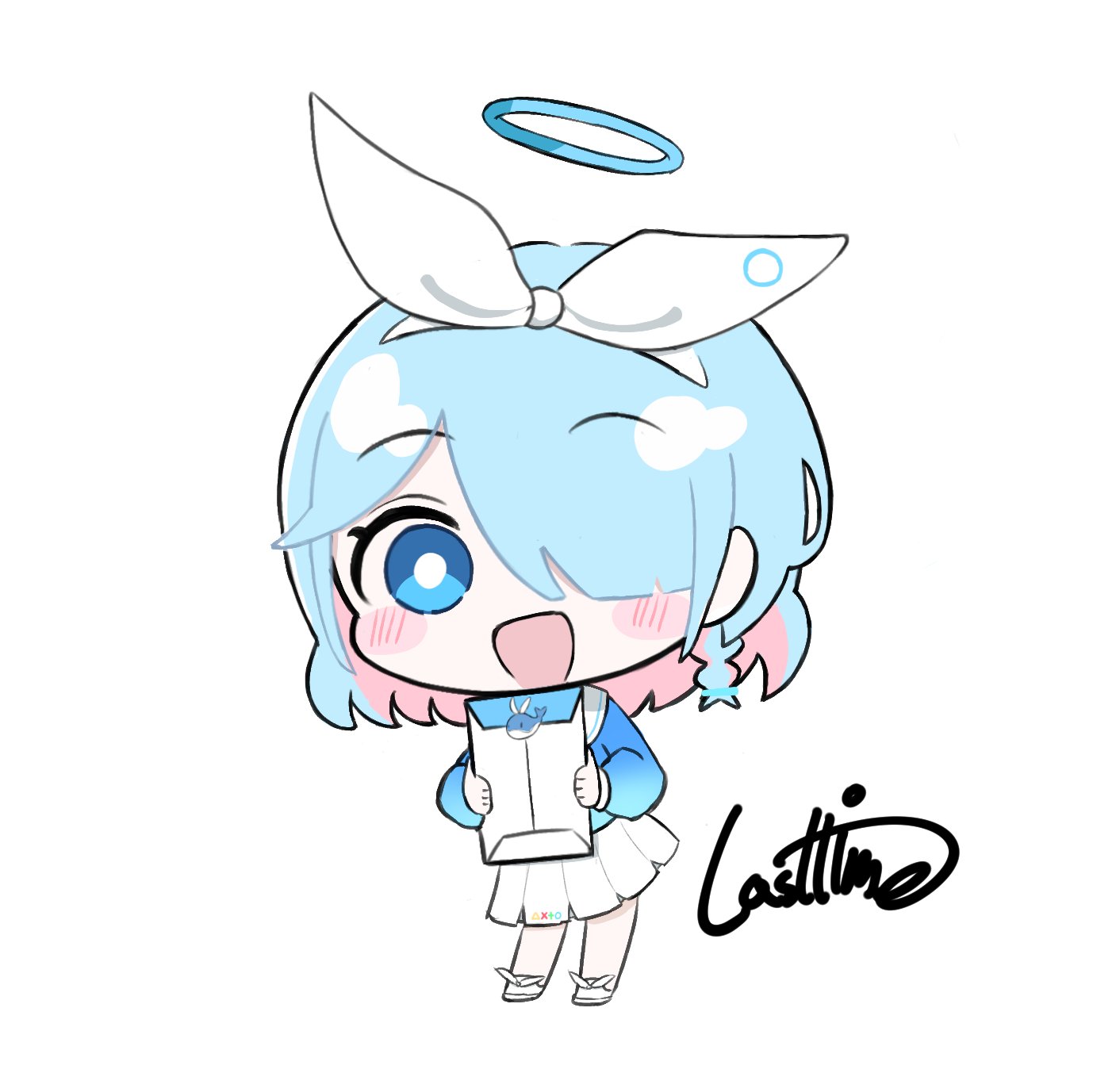 arona (blue archive), blue archive, commentary request, highres, korean commentary, 1girl, :d, blue eyes, blue hair, blue halo, blue shirt, blunt bangs, blush stickers, bow, braid, bright pupils, chibi, chibi only, colored inner hair, full body, hair bow, hair over one eye, hairband, halo, lasttime0519, long bangs, long sleeves, looking at viewer, medium hair, miniskirt, multicolored hair, one eye covered, open mouth, pink hair, pleated skirt, sailor collar, school uniform, serafuku, shirt, shoes, signature, simple background, single braid, skirt, smile, solo, standing, tareme, two-tone hair, white background, white bow, white hairband, white pupils, white sailor collar, white shoes, white skirt