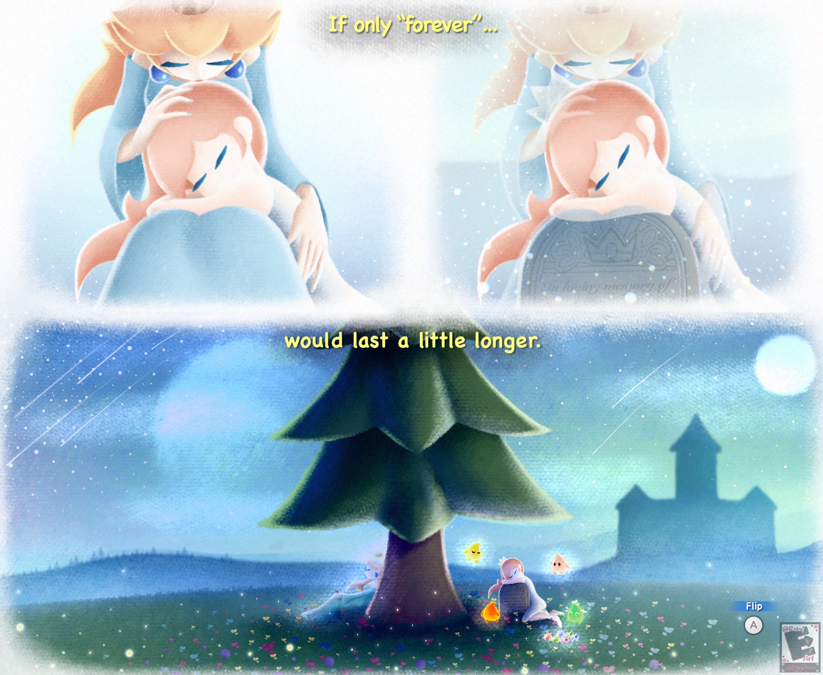 amyroser, luma (mario), rosalina, mario (series), nintendo, super mario galaxy, commentary, english commentary, highres, 2girls, blonde hair, blue dress, castle, crown, dress, earrings, english text, full moon, grass, jewelry, kissing head, long hair, meteor shower, mini crown, moon, mother and daughter, multiple girls, night, night sky, pine tree, pink hair, sky, sphere earrings, tombstone, tree