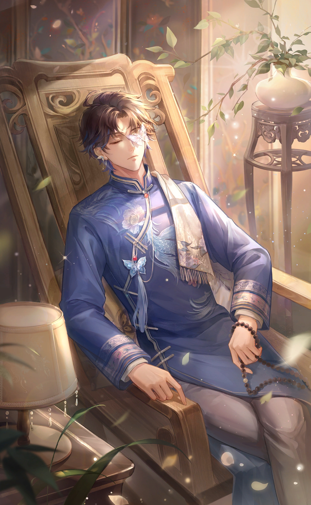 nikki (series), shining nikki, artist request, game cg, highres, official art, 1boy, animal print, bead necklace, beads, blue changpao, brown hair, bug, butterfly, butterfly earrings, butterfly over eye, butterfly print, chair, changpao, chinese clothes, closed eyes, closed mouth, cowboy shot, crossed legs, dress pants, earrings, floral print, fringe trim, grey pants, grey scarf, high collar, holding, holding jewelry, holding necklace, indoors, insect, jewelry, lamp, layered sleeves, leaf, light frown, light particles, lips, long sleeves, male focus, mandarin collar, messy hair, necklace, on chair, painting (object), pants, parted bangs, plant, potted plant, prayer beads, rien (shining nikki), scarf, short hair, sitting, solo, sparkle, white butterfly