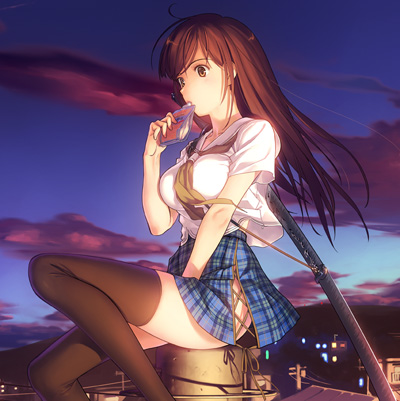 koyama hirokazu, silver rain, lowres, 1girl, breasts, brown hair, cloud, drink, drinking, female focus, katana, large breasts, long hair, school uniform, serafuku, sitting, skirt, sky, solo, sword, thighhighs, weapon