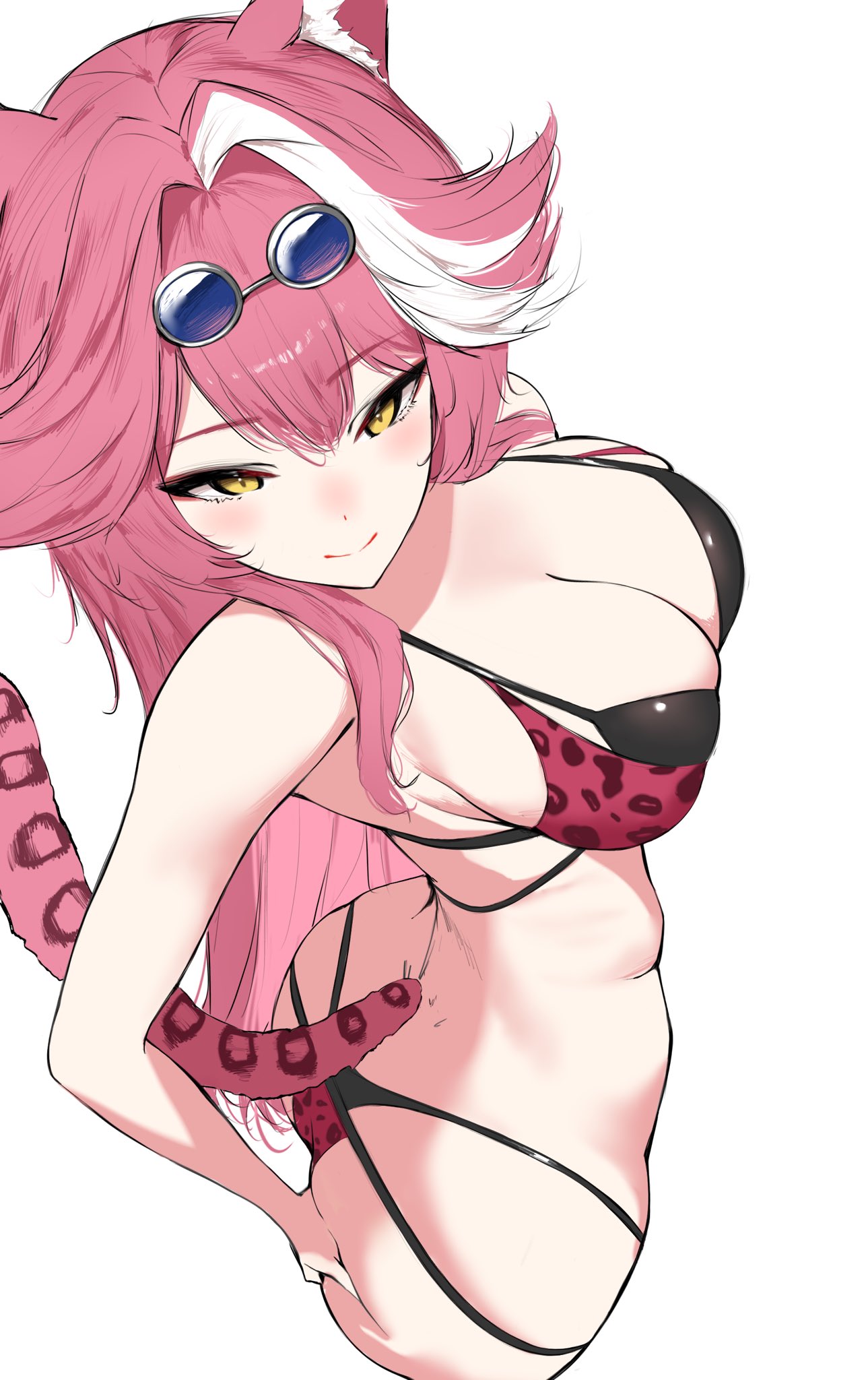 mulhubs, raora panthera, raora panthera (holonatsu paradise), hololive, hololive english, highres, 1girl, animal ears, ass, bikini, black bikini, blue-tinted eyewear, breasts, closed mouth, double bikini, eyewear on head, from above, large breasts, leopard print bikini, long hair, official alternate costume, panther ears, panther girl, panther tail, pink bikini, pink hair, simple background, smile, solo, sunglasses, swimsuit, tail, tinted eyewear, virtual youtuber, white background, white streaks