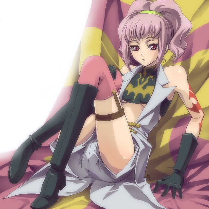 anya alstreim, code geass, 00s, 1girl, boots, breasts, female focus, gloves, long hair, midriff, pink hair, ponytail, small breasts, solo, tattoo, thighhighs, underboob
