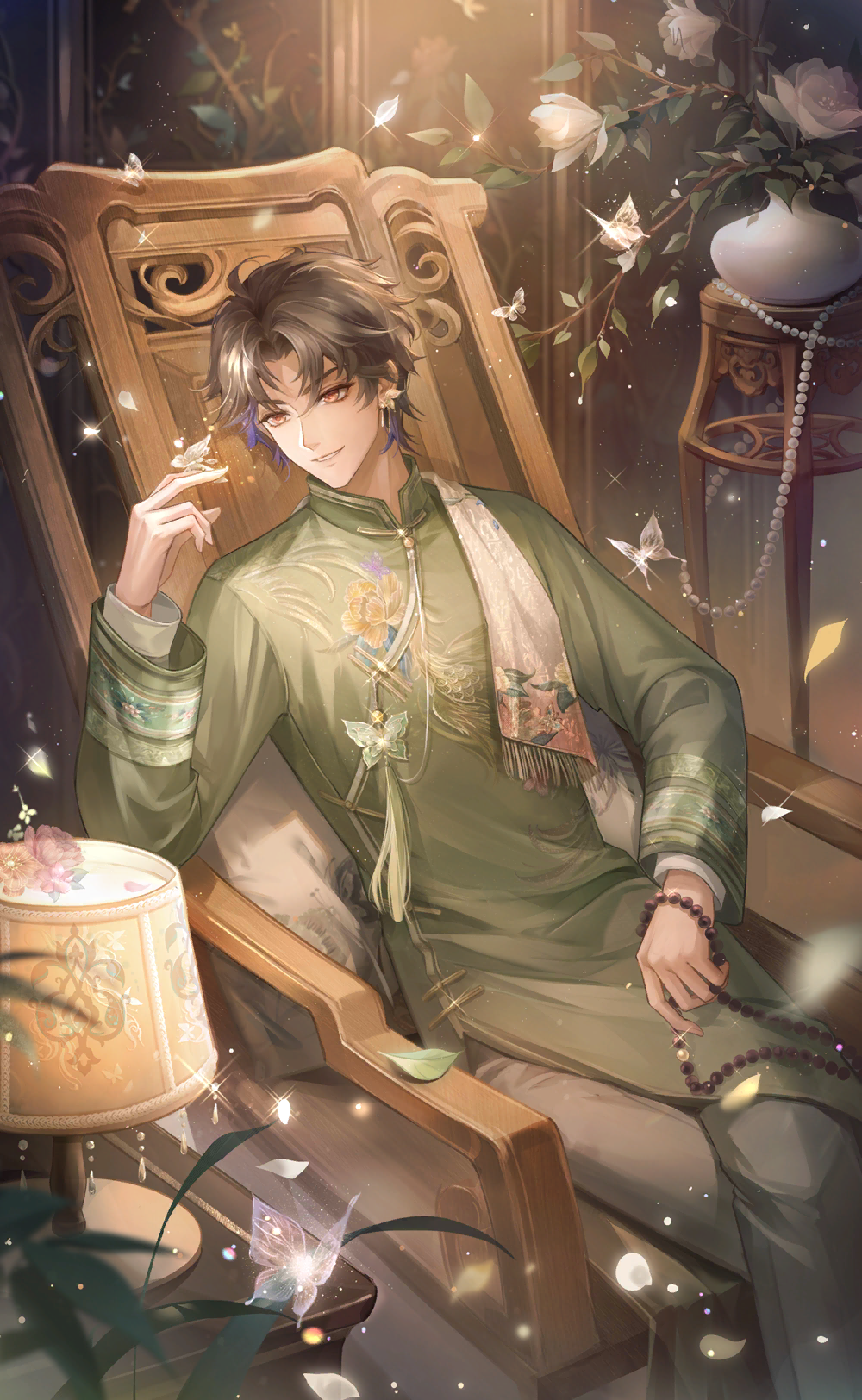 nikki (series), shining nikki, artist request, game cg, highres, official art, 1boy, animal print, bead necklace, beads, brown hair, bug, butterfly, butterfly earrings, butterfly on hand, butterfly print, chair, changpao, chinese clothes, collared shirt, cowboy shot, crossed legs, dress pants, earrings, floral print, fringe trim, green changpao, grey pants, grey scarf, happy, high collar, holding, holding jewelry, holding necklace, indoors, insect, jewelry, lamp, layered sleeves, leaf, light frown, light particles, lips, long sleeves, looking at animal, male focus, mandarin collar, messy hair, necklace, on chair, orange eyes, painting (object), pants, parted bangs, parted lips, plant, potted plant, prayer beads, rien (shining nikki), scarf, shirt, short hair, sitting, smile, solo, sparkle, white butterfly