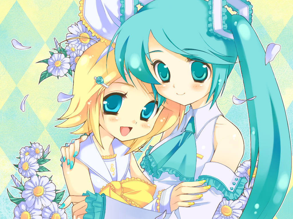 hatsune miku, kagamine rin, vocaloid, 2girls, blonde hair, flower, green hair, long hair, multiple girls, ribbon, short hair, twintails