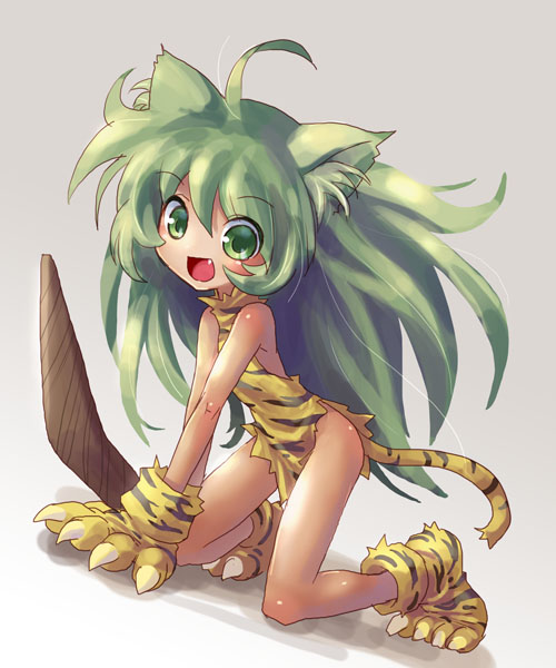 katahira masashi, cham cham, samurai spirits, snk, 1girl, animal ears, animal hands, animal print, boomerang, cat ears, cat tail, fang, female focus, full body, gloves, green hair, long hair, paw gloves, paw shoes, shoes, solo, tail, tiger print