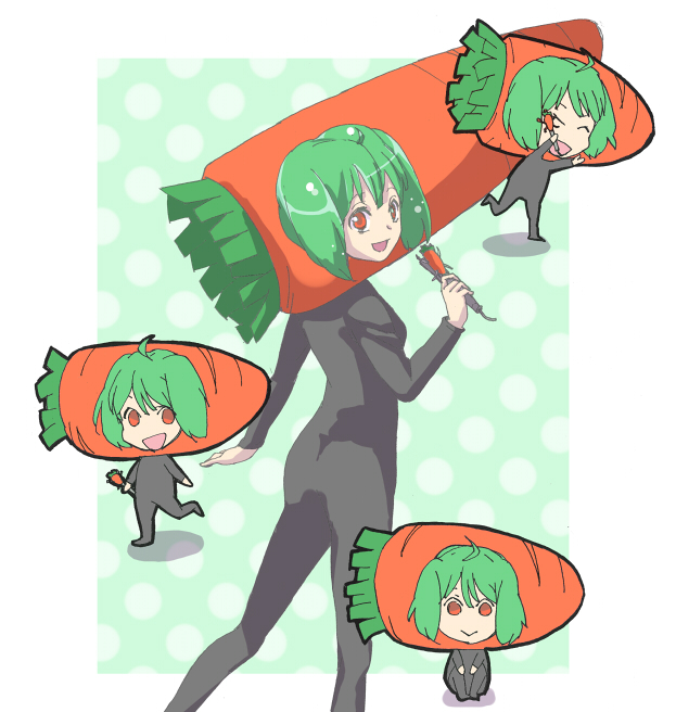 tetukon, ranka lee, macross, macross frontier, 00s, carrot, chibi, food as clothes, green hair, microphone, short hair