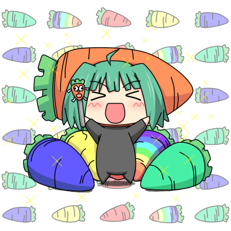 ranka lee, macross, macross frontier, lowres, > <, 00s, 1girl, :d, blush, carrot, chibi, closed eyes, female focus, food as clothes, green hair, microphone, open mouth, short hair, smile, solo, xd