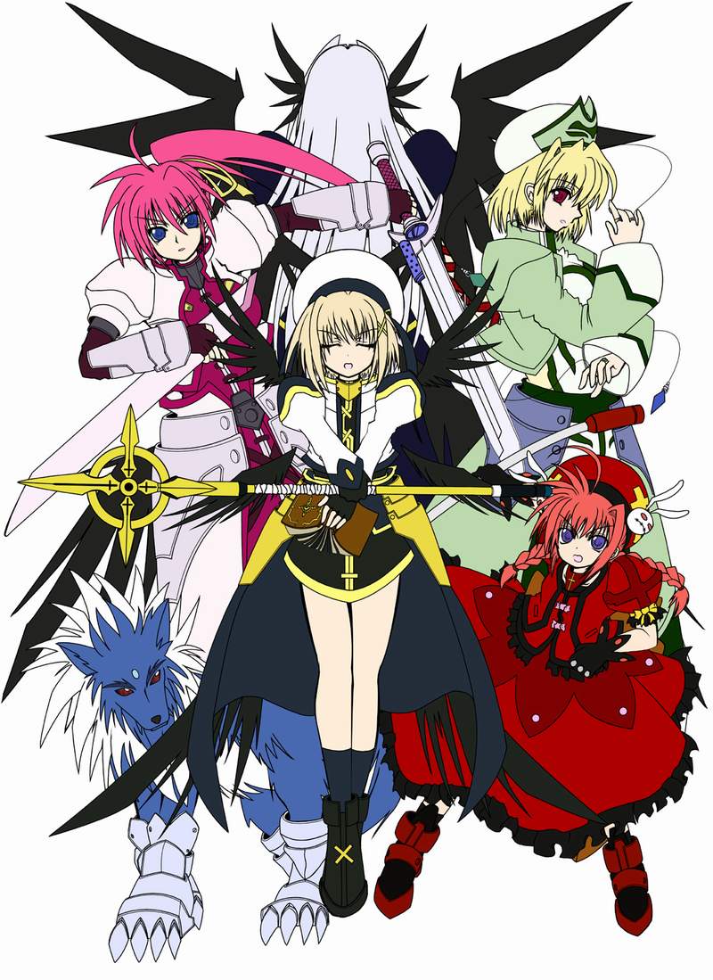 graf eisen, klarwind, laevatein (nanoha), reinforce, schwertkreuz, shamal, signum, tome of the night sky, vita (nanoha), yagami hayate, zafira, lyrical nanoha, mahou shoujo lyrical nanoha, mahou shoujo lyrical nanoha strikers, jpeg artifacts, 00s, 5girls, animal ears, black wings, blonde hair, book, braid, brown hair, closed eyes, flat color, gauntlets, hammer, hat, head wings, long hair, multiple girls, multiple wings, pink hair, ponytail, purple eyes, red eyes, red hair, ribbon, rod, short hair, skirt, sword, tail, time paradox, twin braids, twintails, weapon, whip sword, white hair, wings, wolf, wolf ears, wolf tail