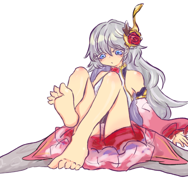 rose fairy unfan (grimms notes), grimms notes, protected link, 1girl, bare shoulders, barefoot, green hair, long hair, shokushuq, solo, thighs