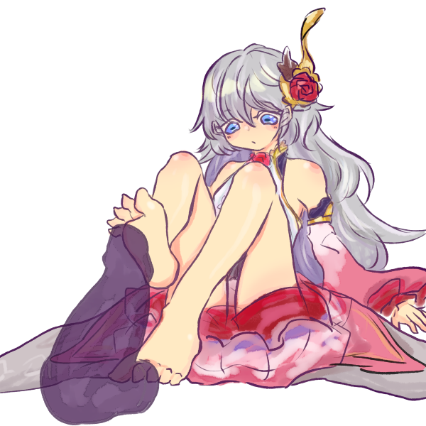 rose fairy unfan (grimms notes), grimms notes, protected link, 1girl, bare shoulders, barefoot, footjob, green hair, long hair, penis, shokushuq, solo focus, thighs