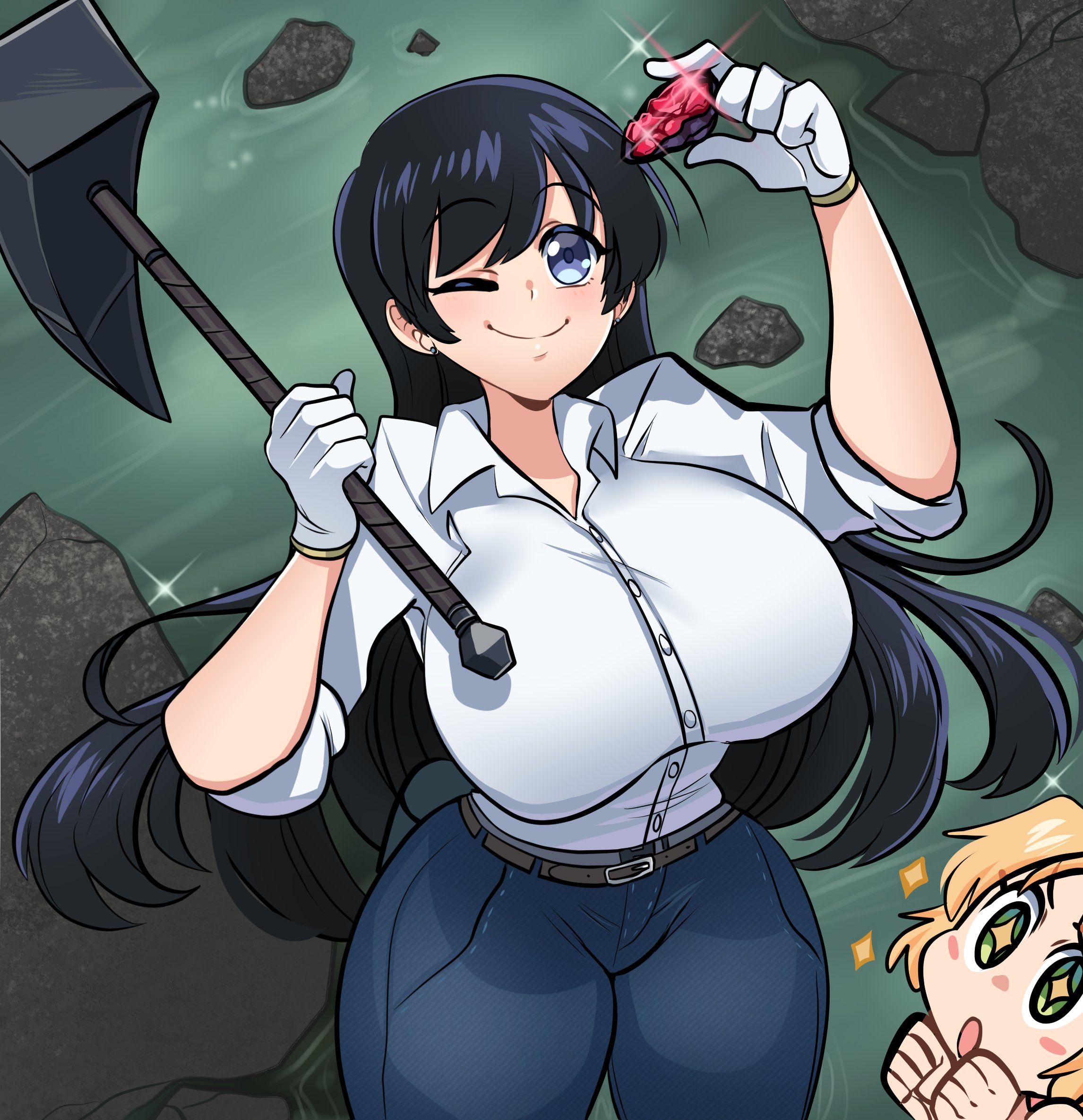 missandydandy, arato nagi, tanigawa ruri, ruri no houseki, commentary, english commentary, highres, + +, 2girls, belt, black hair, blonde hair, blue eyes, blue pants, blush stickers, breasts, gem, holding, holding gem, holding pickaxe, large breasts, long hair, multiple girls, one eye closed, open mouth, pants, pickaxe, shirt, white shirt