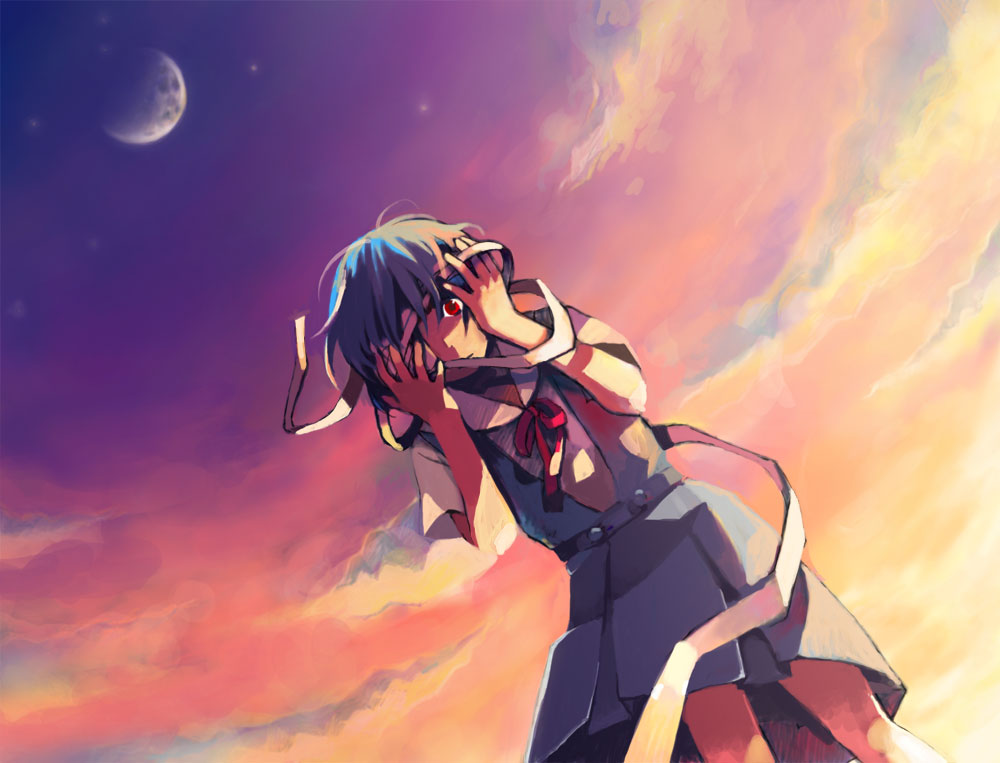wakana (nagomoo), ayanami rei, neon genesis evangelion, bad id, bad pixiv id, 1girl, bandages, blue hair, eyepatch, female focus, moon, red eyes, school uniform, serafuku, short hair, solo