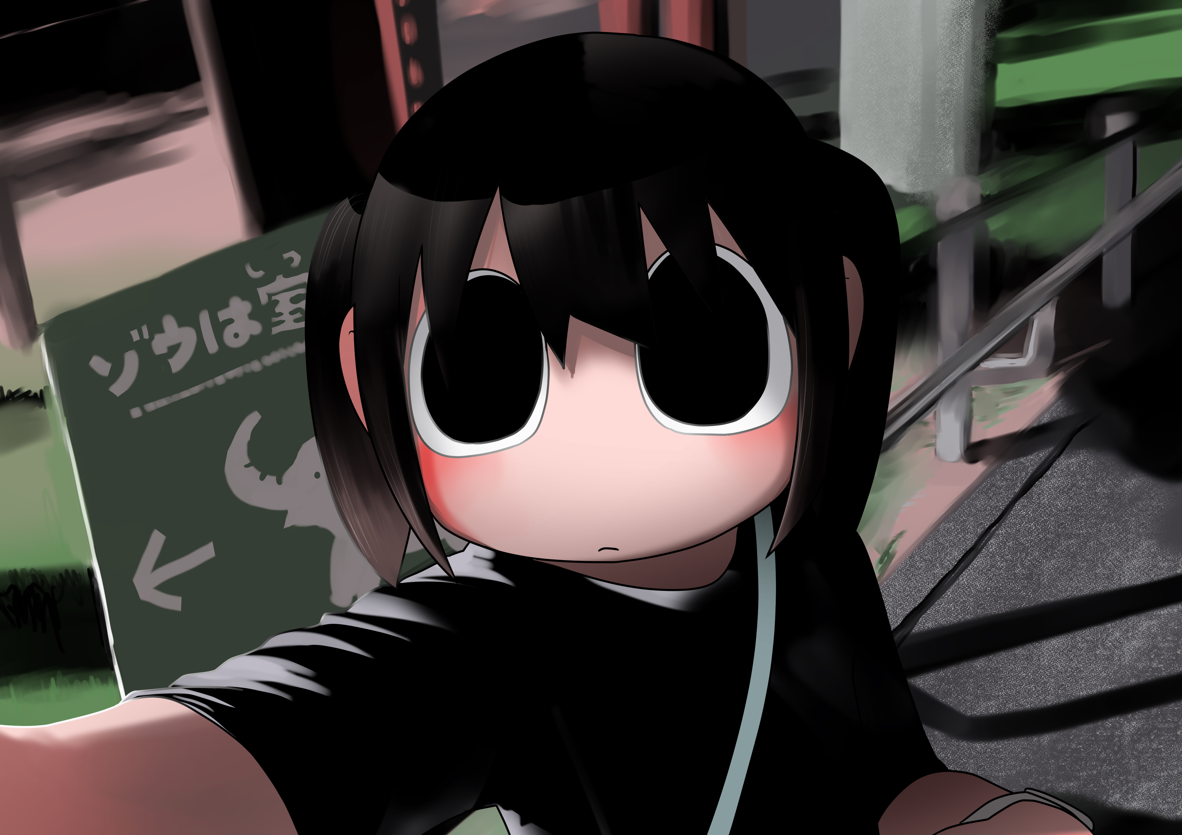 explosion psycho, haguruma hasami (explosion psycho), original, absurdres, highres, translation request, 1girl, arrow (symbol), black eyes, black hair, black shirt, closed mouth, shadow, shirt, solo, twintails