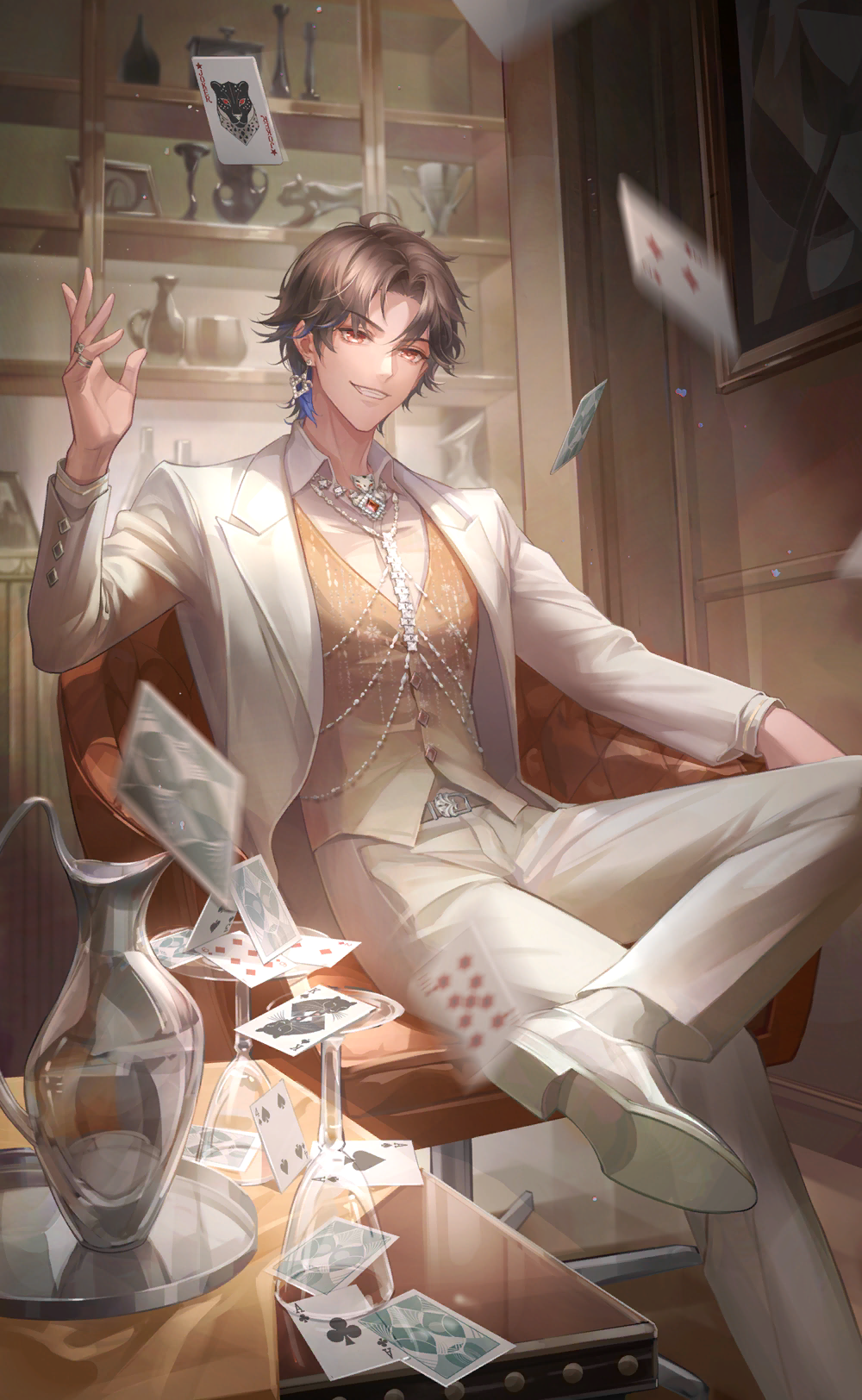 nikki (series), shining nikki, artist request, game cg, highres, official art, 1boy, ahoge, belt, belt buckle, blazer, brown belt, brown hair, buckle, buttons, card, chair, collared jacket, collared shirt, cross-laced clothes, cross-laced legwear, cup, dress pants, dress shoes, drinking glass, earrings, feather earrings, feathers, floating card, foot out of frame, formal clothes, grin, hair between eyes, happy, house of cards, indoors, jacket, jewelry, joker (playing card), lapels, layered sleeves, light particles, lips, living room, long sleeves, looking at viewer, male focus, multiple rings, notched lapels, on chair, painting (object), pants, parted bangs, pinstripe pattern, pinstripe vest, playing card, red eyes, rien (shining nikki), ring, shelf, shirt, shoes, short hair, single earring, sitting, smile, socks, solo, suit, throwing, tray, vase, vest, white jacket, white pants, white shirt, white shoes, white socks, white suit, wine glass, yellow vest