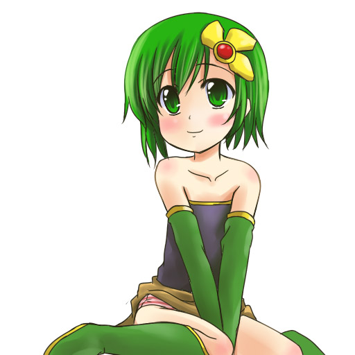 rydia (ff4), rydia (young) (ff4), final fantasy, final fantasy iv, 1990s (style), 1girl, aged down, bare shoulders, blush, boots, detached sleeves, female focus, flat chest, green boots, green eyes, green hair, matching hair/eyes, panties, retro artstyle, simple background, solo, striped clothes, striped panties, underwear