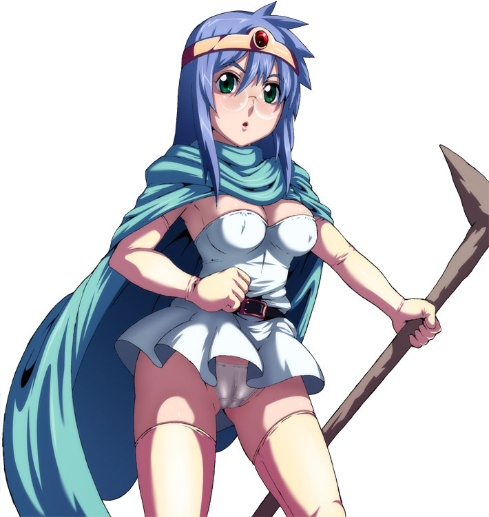 caryo, tabigarasu, sage (dq3), chunsoft, dragon quest, dragon quest iii, enix, 1girl, blue hair, cameltoe, cape, circlet, female focus, glasses, green eyes, hat, panties, solo, staff, thighhighs, tiara, underwear