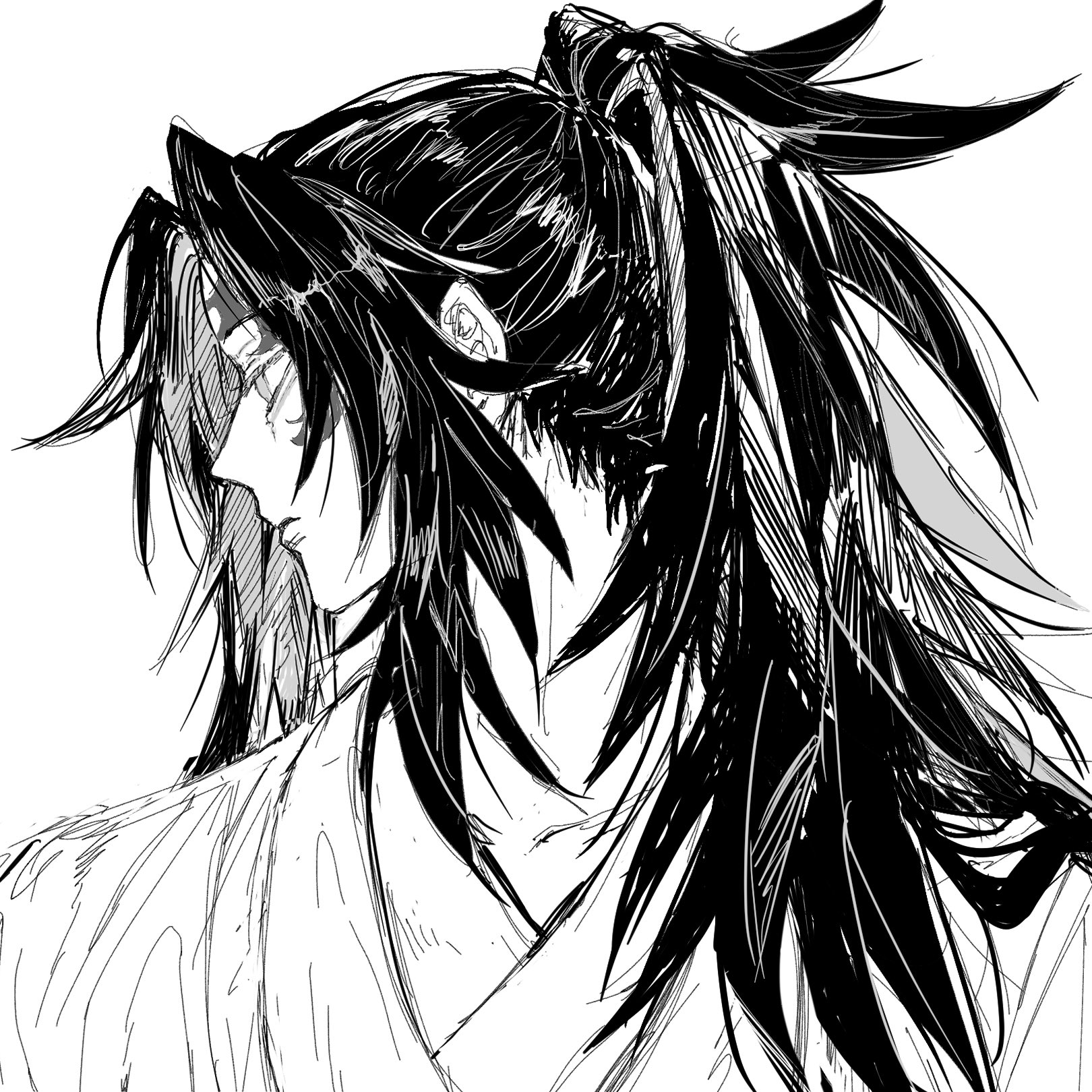 tsugikuni yoriichi, kimetsu no yaiba, commentary request, highres, 1boy, closed mouth, facial mark, greyscale, high ponytail, japanese clothes, kimono, ko sgn, long hair, looking to the side, male focus, monochrome, ponytail, simple background, sketch, solo, white background